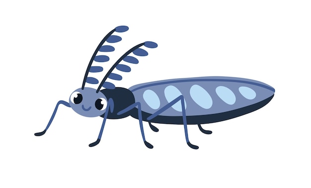 Leuke kever met grappige voelsprieten. Gelukkig lachend insectenkarakter, insect met schattige mooie gezichtsuitdrukking, positieve emotie. Kinderachtige platte vectorillustratie geïsoleerd op een witte achtergrond.