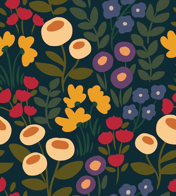 Leuke kinderachtige bloemenprint. Naadloze patroon met verschillende cartoon bloemen en bladeren op een groene achtergrond. Vector illustratie.