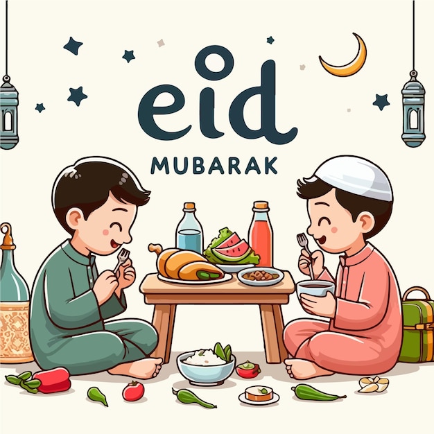 Leuke kinderen eten en wensen Eid Mubarak.