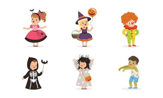 Leuke kinderen gekleed in Halloween kostuum en outfit bezig met spookachtige vakantie maskerade vector set