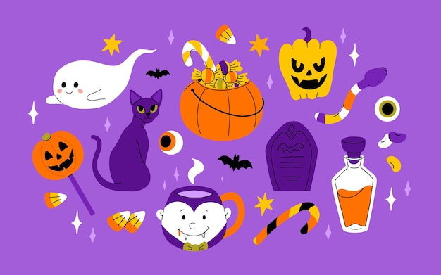 Leuke kinderen Halloween set Gelukkige pompoen zombie hand leuke spook schedel cupcake snoep en heksedrank Oktober vakantie stickers ontwerp elementen bundel geïsoleerde platte vector illustraties