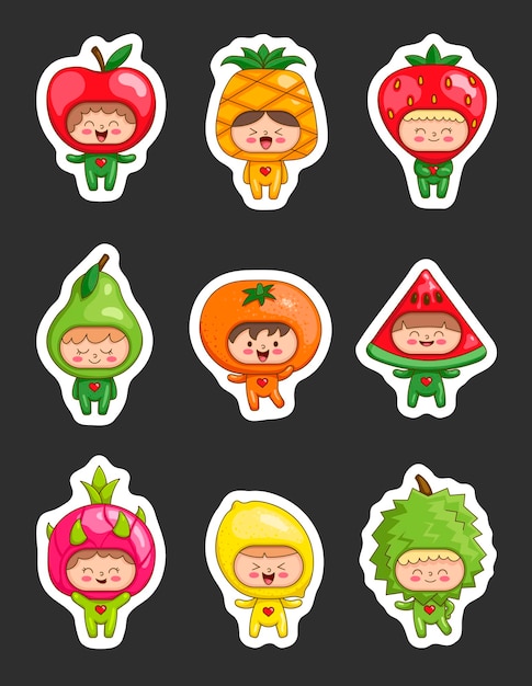 Vector leuke kinderen in fruitkostuums sticker bookmark