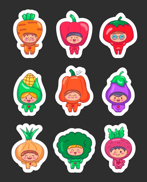 Vector leuke kinderen in groente kostuums sticker bookmark