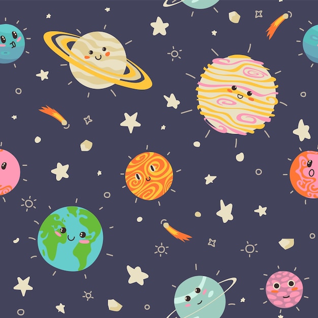 Leuke kinderlijke planeten en sterren van het zonnestelsel naadloos patroon grappige astronomische objecten