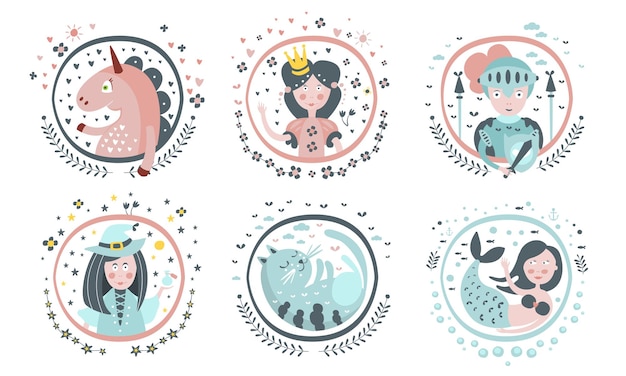 Leuke kinderlijke sprookjes cartoon personages set eenhoorn prinses ridder heks kat zeemeermin decoratie ontwerp elementen vector illustratie
