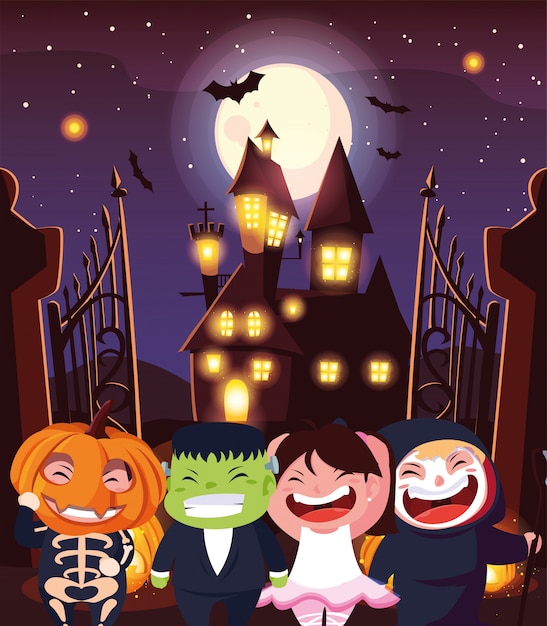 Vector leuke kindervermomming in scène van halloween