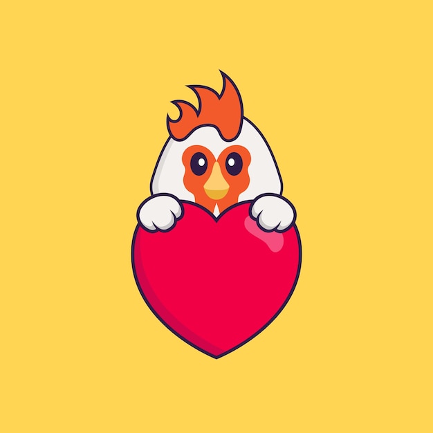Leuke kip die een groot rood hart houdt. Dierlijk beeldverhaalconcept geïsoleerd. Platte cartoonstijl