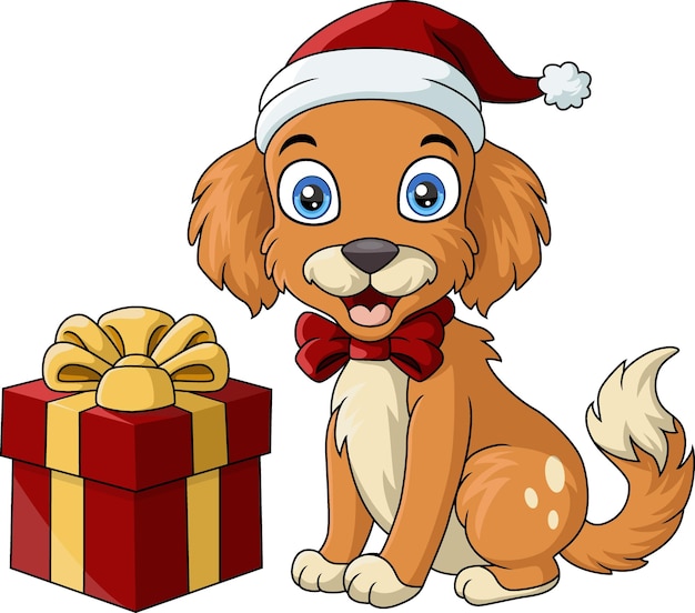 Leuke kleine cartoon hond met kerstman hoed en strik