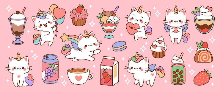 Vector leuke kleine eenhoorns katten snoepjes suiker desserts en dranken fruit melk en feeën dieren kawaii regenboog huisdieren met cupcakes cartoon stickers schattige fantasie kittens netjes vector geïsoleerde set
