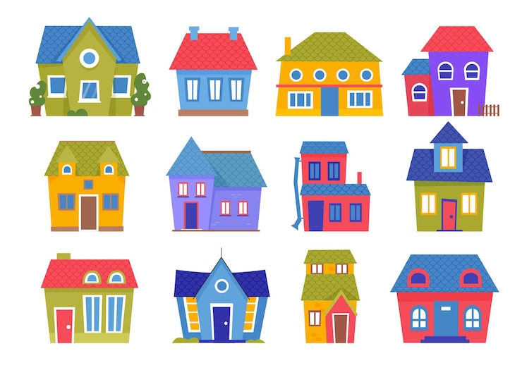 Vector leuke kleine huizen in de stad of het dorp set cartoon verschillende kleurrijke huizen collectie