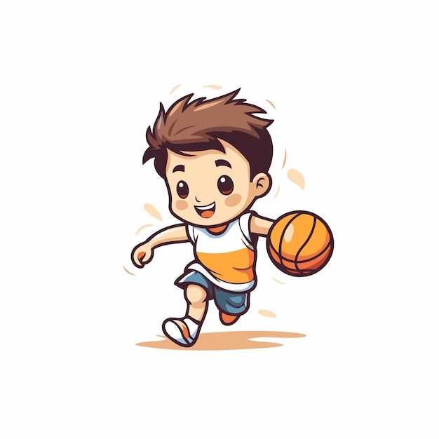 Leuke kleine jongen die basketbal speelt cartoon vector illustratie op een witte achtergrond