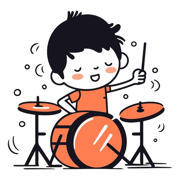 Leuke kleine jongen die drums speelt in cartoon stijl.