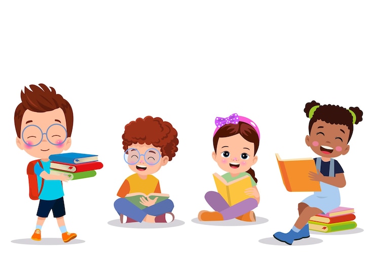 Vector leuke kleine jongen die een boek leest.