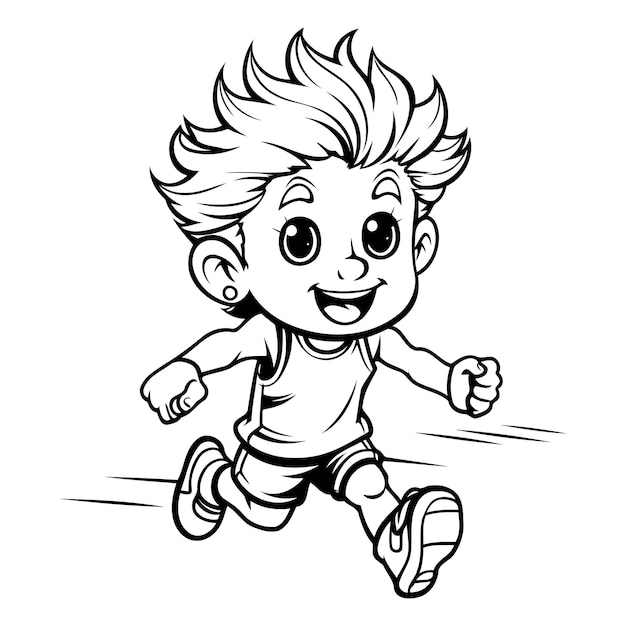 Leuke kleine jongen die loopt zwart-wit cartoon illustratie vector