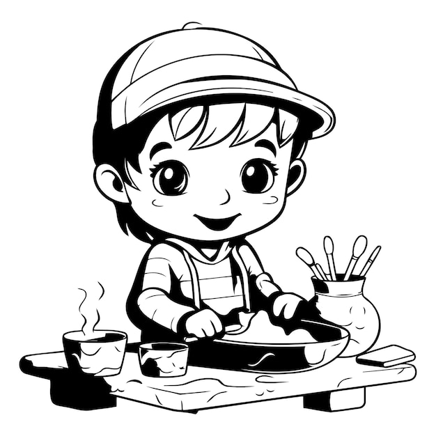 Leuke kleine jongen die sushi kookt Zwart-wit cartoon illustratie