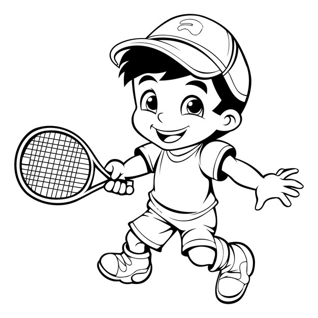 Leuke kleine jongen die tennis speelt Zwart-wit cartoon illustratie