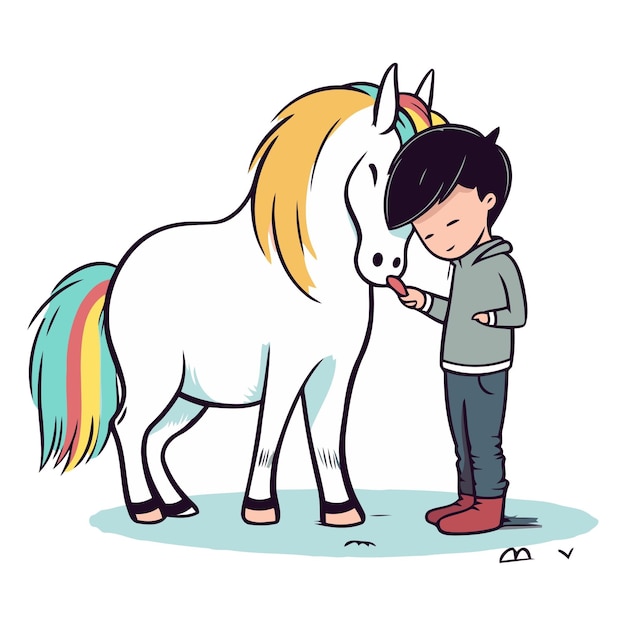 Vector leuke kleine jongen en witte pony van een kind met een pony