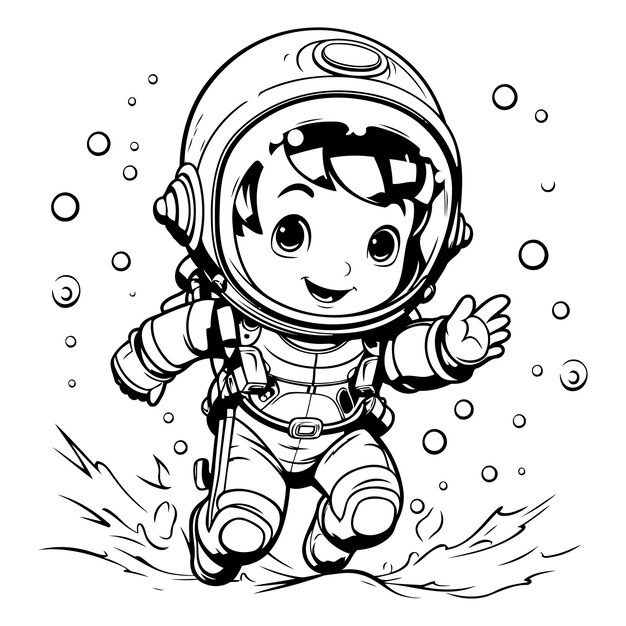 Leuke kleine jongen in ruimtepak Vector illustratie voor kleurboek