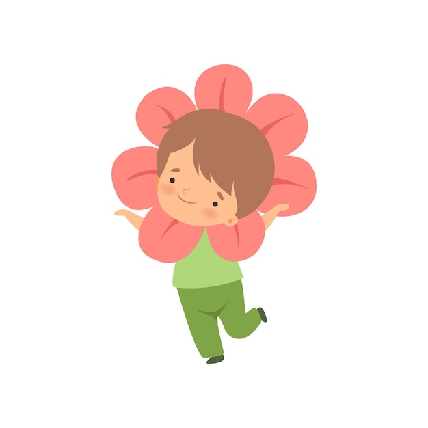 Leuke kleine jongen met bloemenkostuum schattig kind cartoon personage in carnavalskleding vector illustratie op witte achtergrond