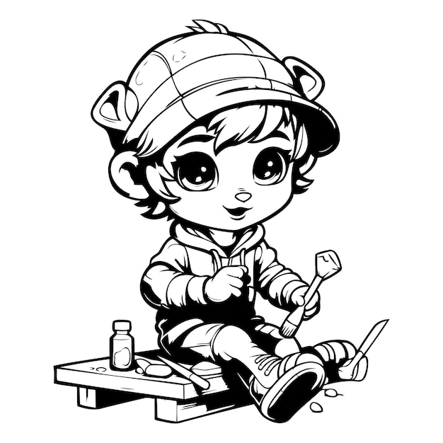 Leuke kleine jongen met gereedschap zwart-wit cartoon illustratie vector