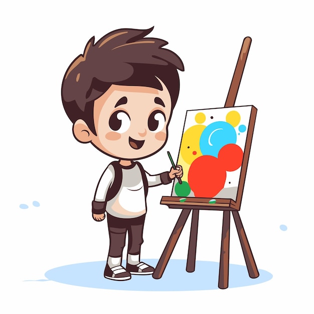 Leuke kleine jongen schilderij op easel Vector cartoon illustratie