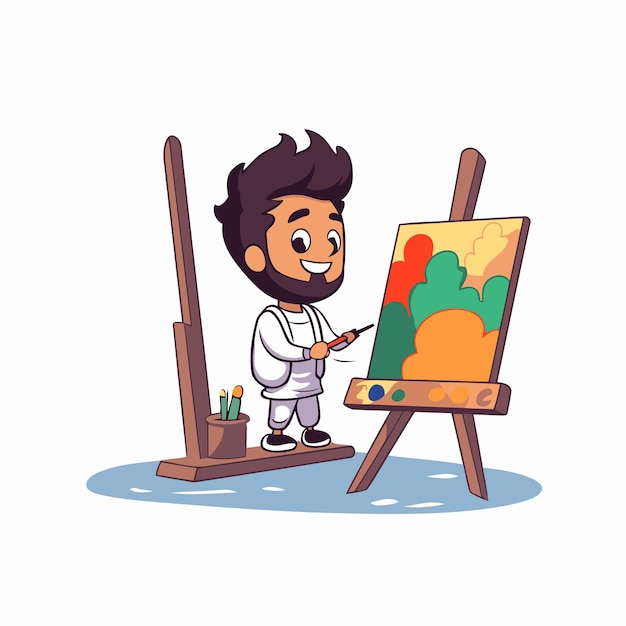 Leuke kleine jongen schildert een schilderij op easel vector illustratie