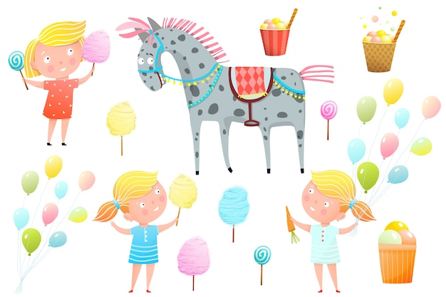 Leuke kleine meisjes op de beurs met snoep, suikerspin, lollies en pony. Carnaval, kermis en ander entertainment voor kinderen clipart verzameling objecten.