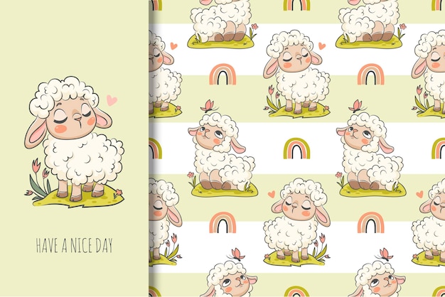 Vector leuke kleine schapen naadloos patroon in kawaii stijl kinderen illustratie