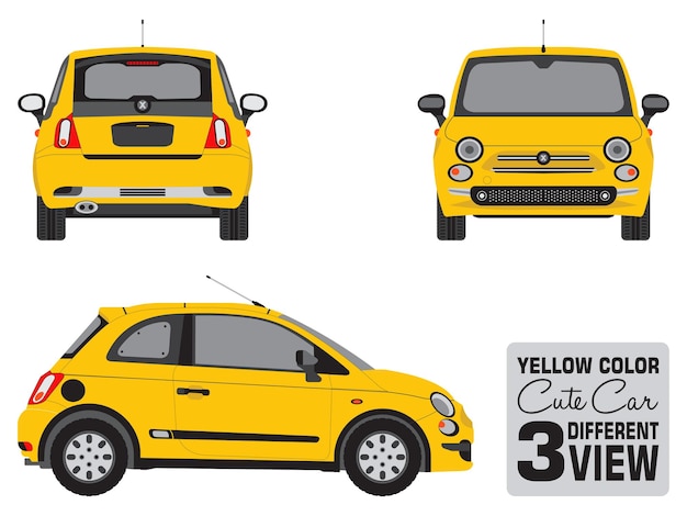 Leuke kleine stadsauto met gele kleur in 3 verschillende weergaven vectorillustratie