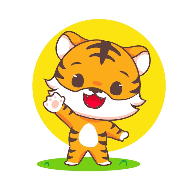 Leuke kleine tijger die met zijn hand zwaait, cartoon personage, schattig dier concept design