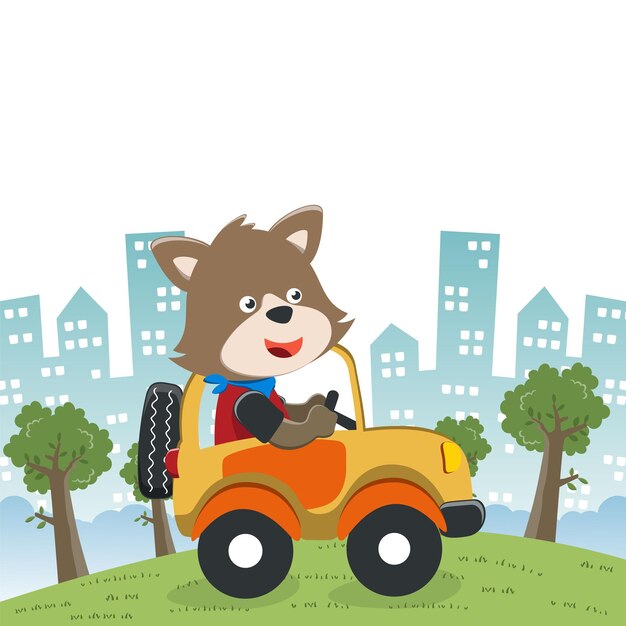 Vector leuke kleine vos die een auto rijdt naar het bos grappige dieren cartoon creatieve vector kinderlijke achtergrond voor stof textiel kinderdagverblijf behang poster kaart brochure en andere decoratie