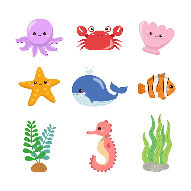 Leuke kleurrijke collectie zeedieren onderwaterdieren platte vector cartoon design