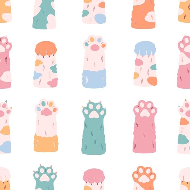 Leuke kleurrijke kattenpoten naadloos patroon verschillende grappige huisdierenpoten met de handen van klauwendieren
