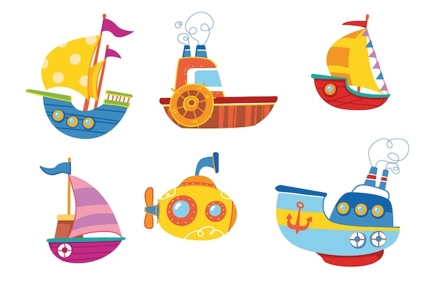 Leuke kleurrijke reeks vectorboten. De kinderprint van het schip is helder. Voor het decoreren van ansichtkaarten, kleding, sticker clipart. Vervoer van de babycartoon. Reizen in de zomer op een cruise op de waterkunst