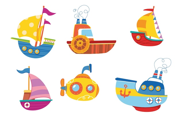 Leuke kleurrijke reeks vectorboten. de kinderprint van het schip is helder. voor het decoreren van ansichtkaarten, kleding, sticker clipart. vervoer van de babycartoon. reizen in de zomer op een cruise op de waterkunst