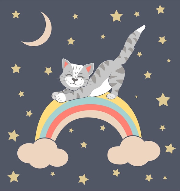 Leuke kleurrijke vector van een kat op een regenboog illustratie voor decoratie van kinderdagverblijven