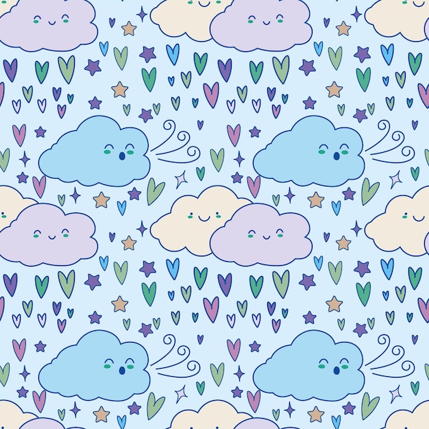 Leuke kleurrijke wolk lachend gezicht kawaii naadloze patroon achtergrond met sterren en hoort vectorillustratie eps