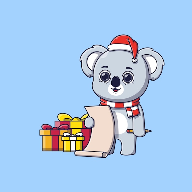 Vector leuke koala die de lijst met kerstcadeaus controleert