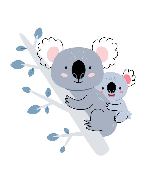 Vector leuke koala familie moeder met kinderen zitten op de boom print voor baby shower party