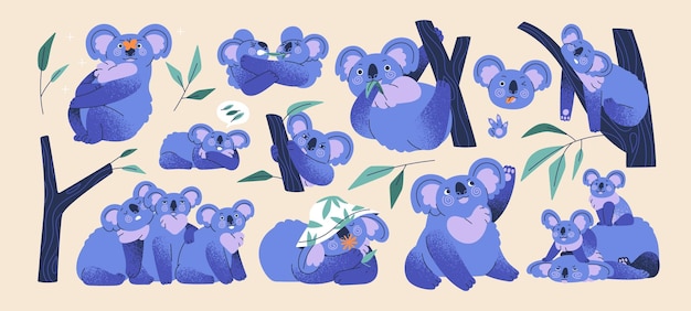 Leuke koala's set Gelukkig Australische luie beren Grappige schattige kleine dieren karakters slapen op tak hangend aan boom eten blad ontspannen Geïsoleerde kinderachtige kinderen platte vectorillustraties