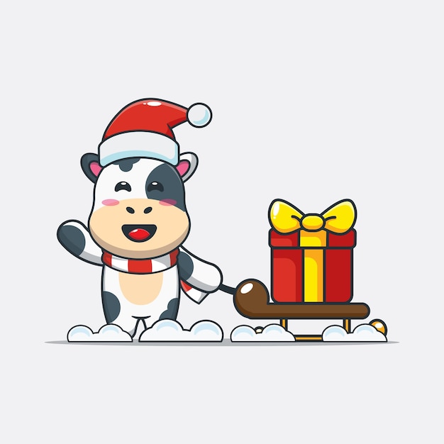 Leuke koe die de doos van de Kerstmisgift draagt Leuke cartoonillustratie van Kerstmis