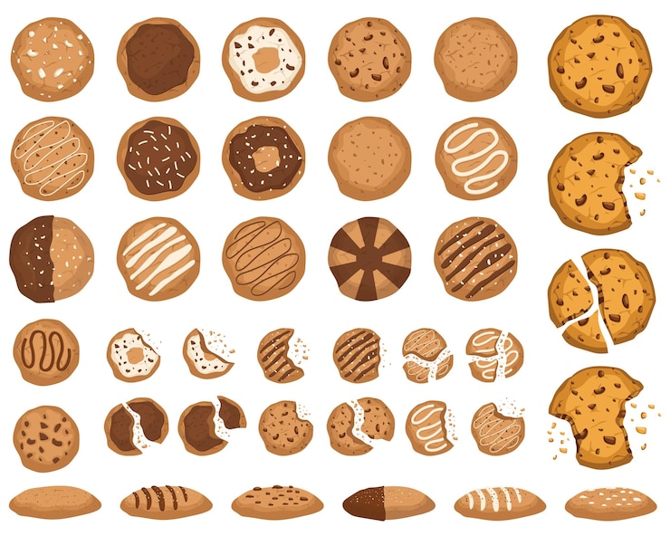 Vector leuke koekjes set verschillende crackers snacks en chocolade chip koekjes vector illustratie