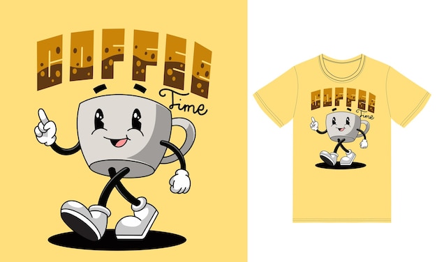 Leuke koffie mascotte met t-shirt design premium vector