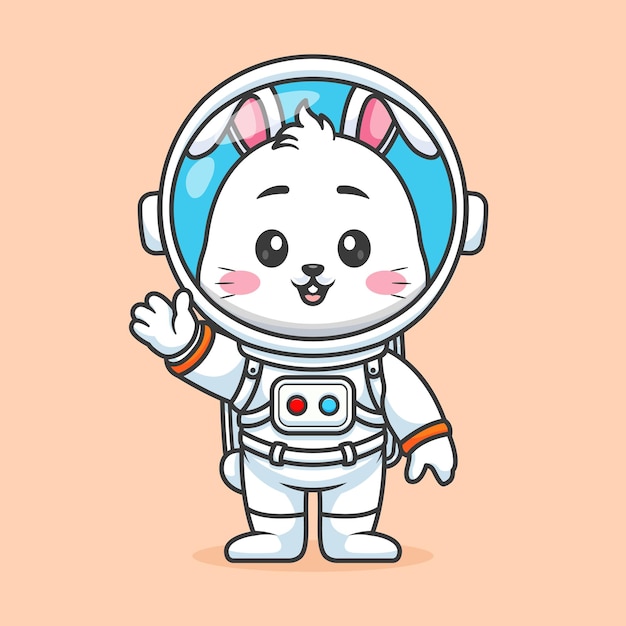 Leuke konijn astronaut staan en zwaaien hand cartoon vector icoon illustratie dier wetenschap icoon