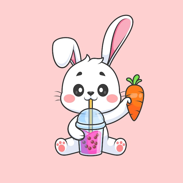 Vector leuke konijn drinkt boba melk thee met wortel cartoon vector icon illustratie dier drink flat