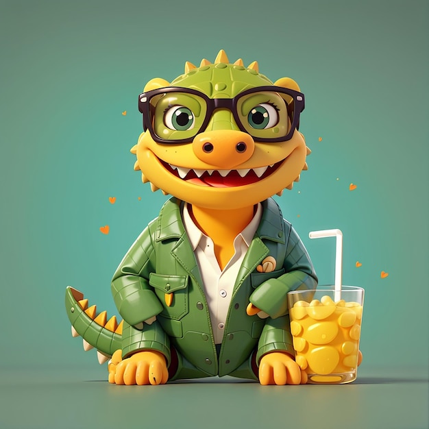 Vector leuke krokodil drinkt sinaasappelsap en draagt een bril cartoon vector icoon illustratie dier plat