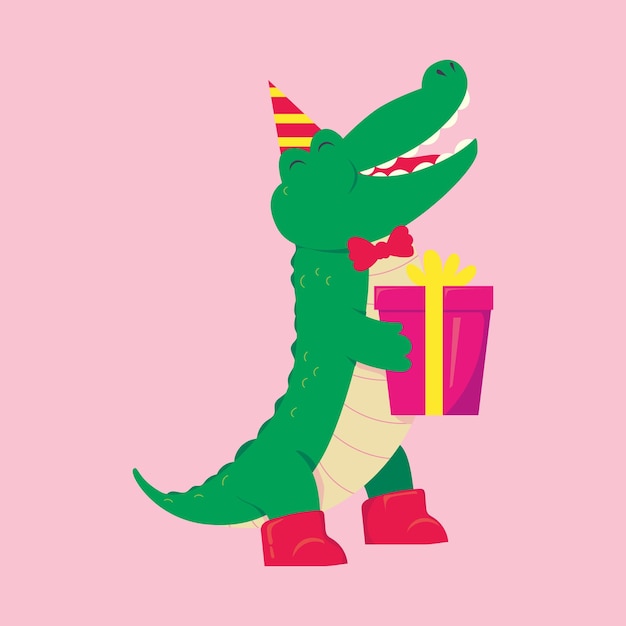 Leuke krokodil met rode laarzen, vlinders en een groot geschenk, perfect voor verjaardagsontwerpen en kinderen.