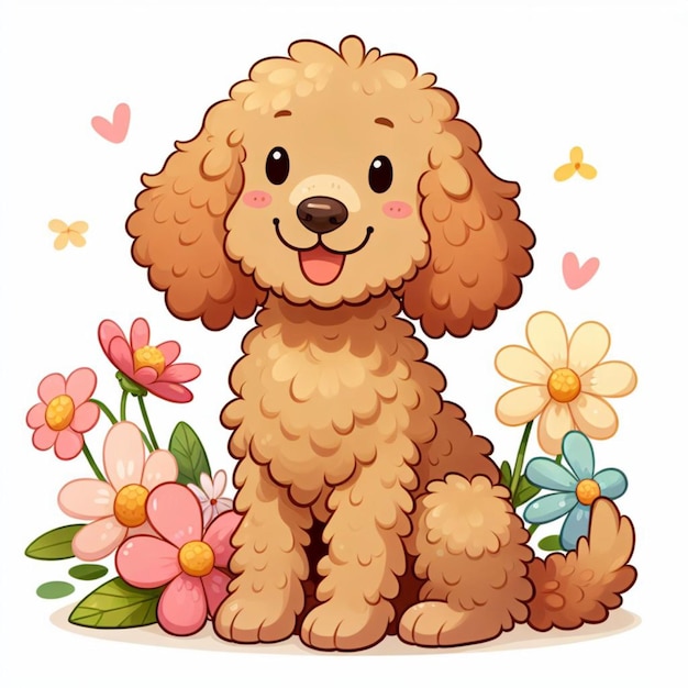 Leuke labradoodle hond en bloemen vector cartoon illustratie