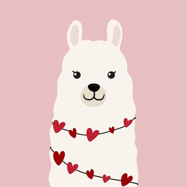 Leuke lama illustratie op roze achtergrond met hartjes in cartoon vlakke stijl. alpaca verliefd vectorillustratie voor prints, textiel, wenskaarten, posters enz. vectorillustratie