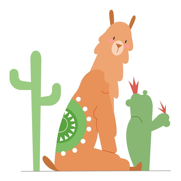 Leuke lama zit tussen cactussen.